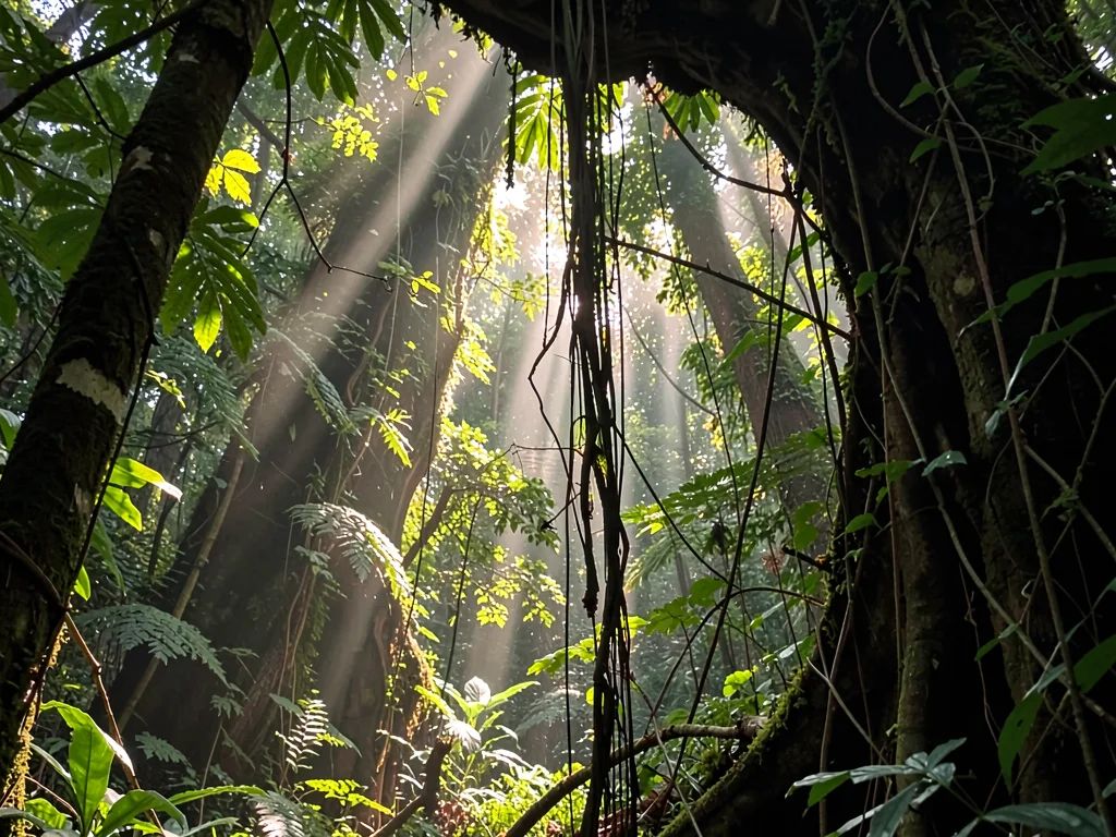 Vine cascade illuminated by filtered canopy light