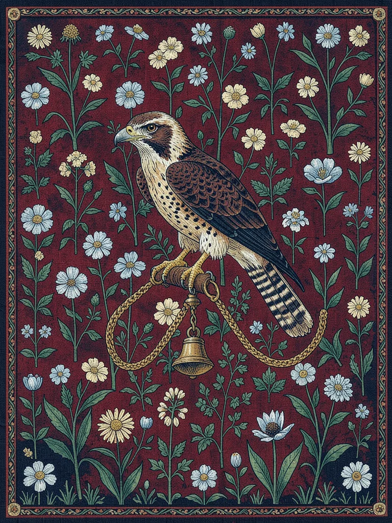 Falcon on Gauntlet amid Millefleur Red Ground