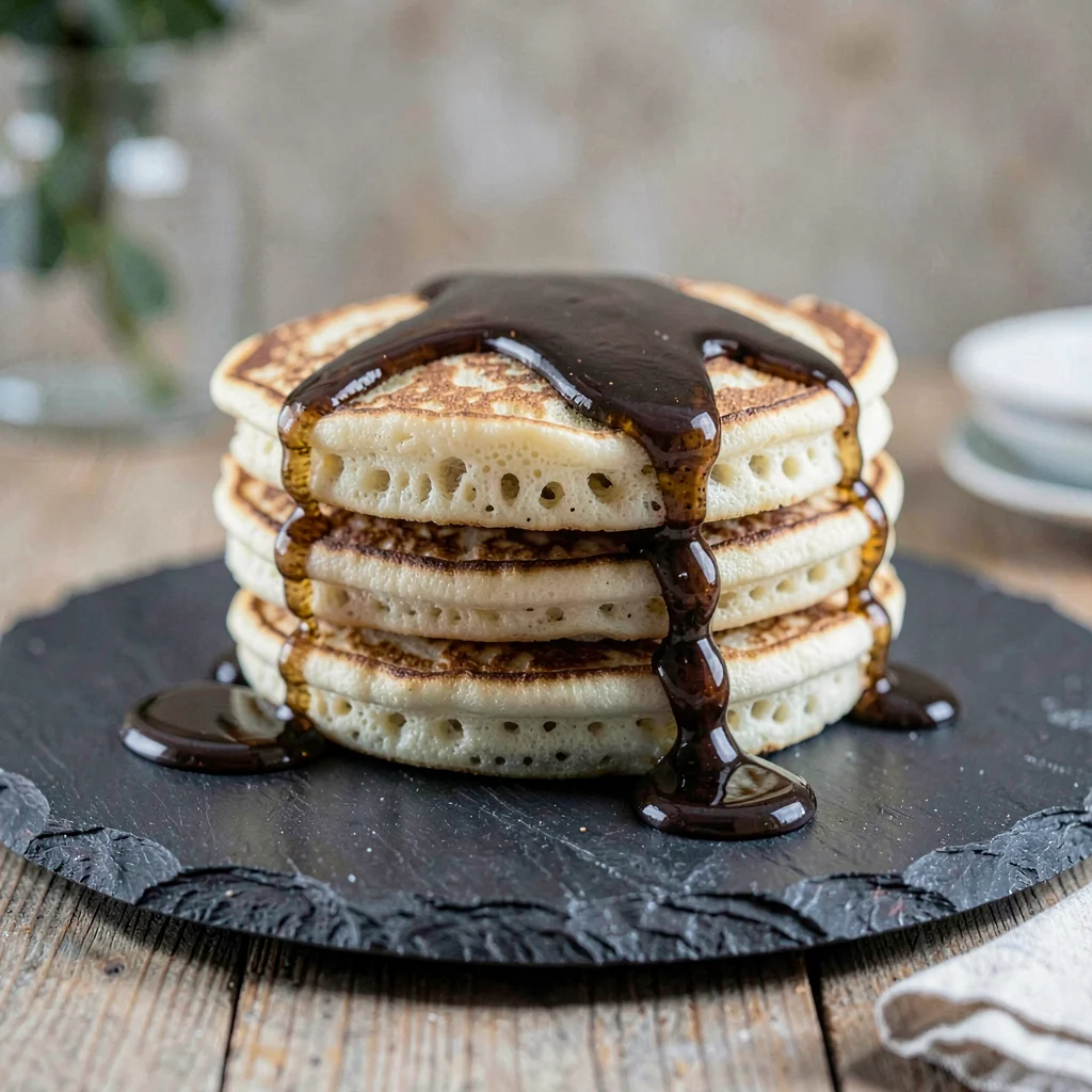 stack of buckwheat pancakes on a slate plate, dark maple syrup pooling at the ed
