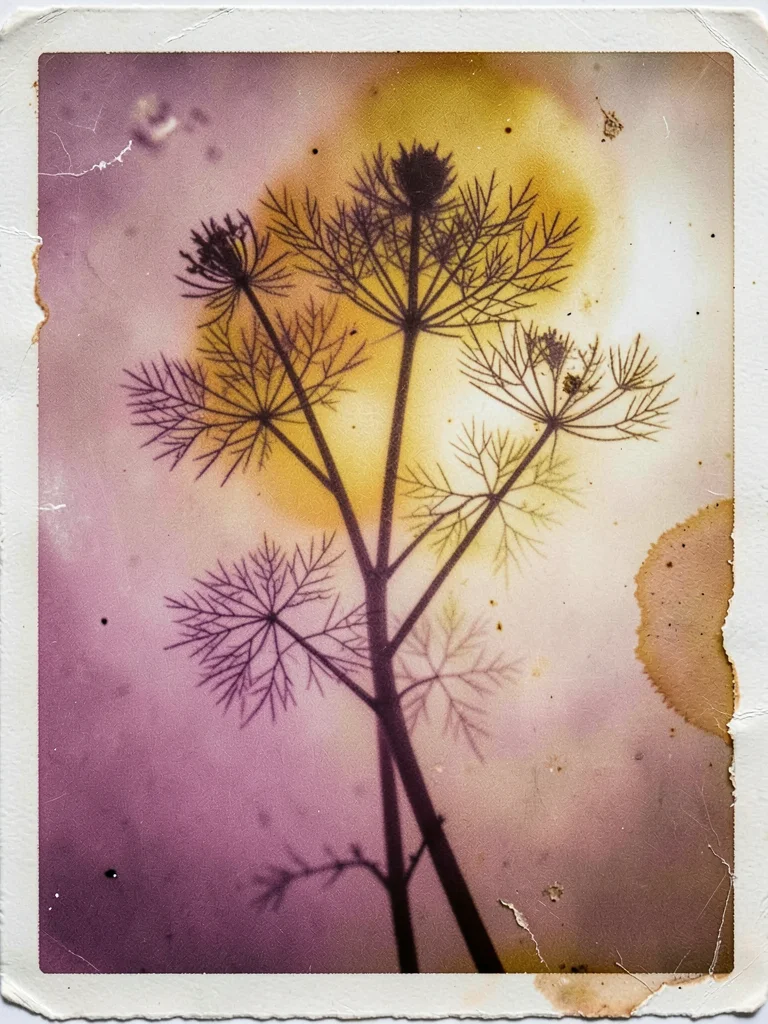 Fennel fronds feathery detail, anise oils reacting with emulsion creating amber 