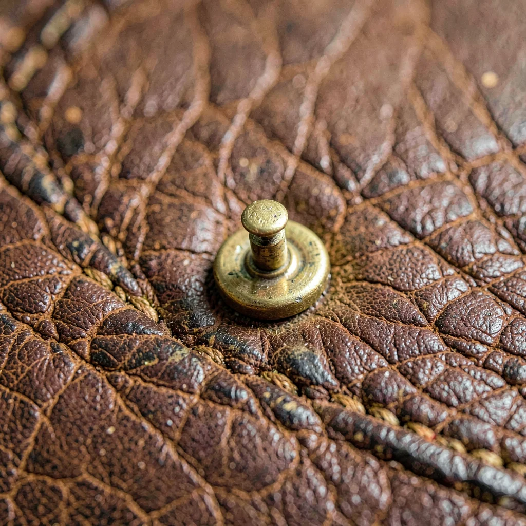 Macro of a brass rivet set into thick leather, subtle wear and patina