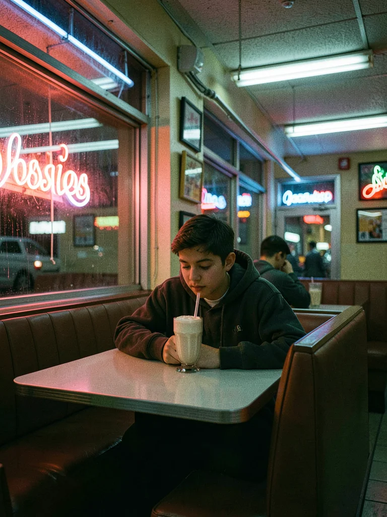 Teenager alone in diner booth with milkshake