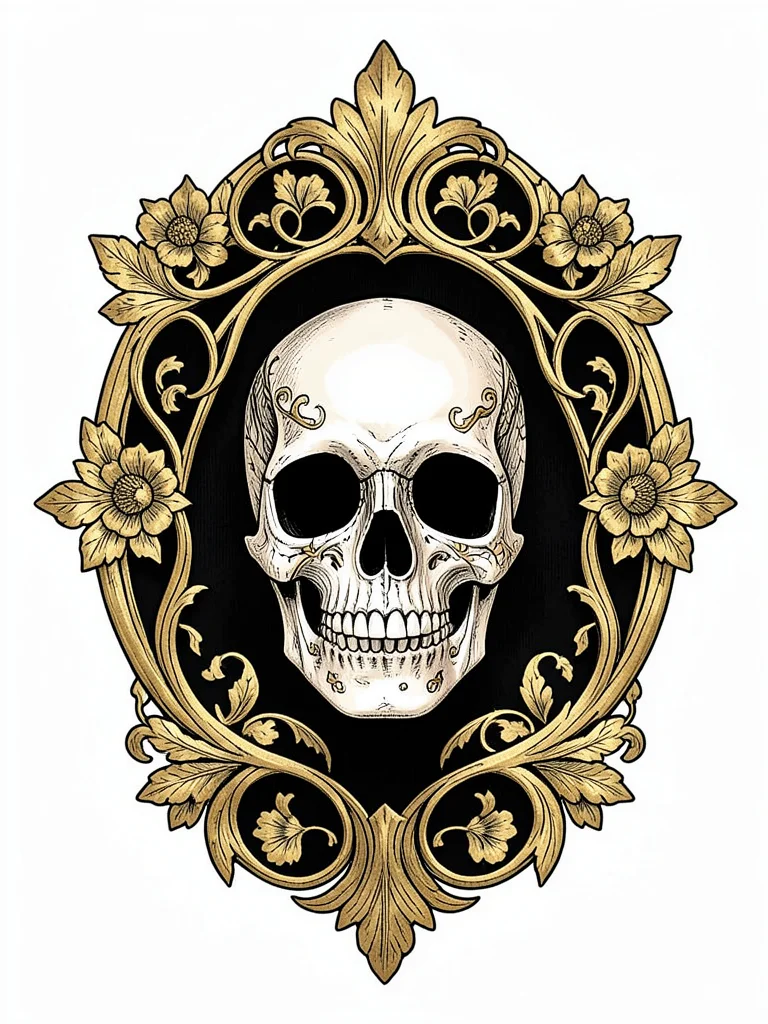 Day of the Dead skull with Art Nouveau floral frame, intricate linework, gold le