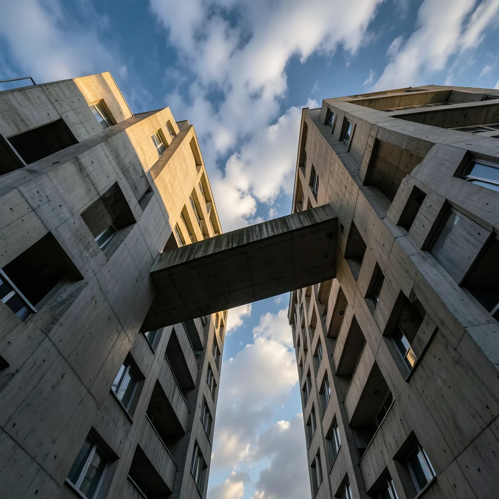 A pair of residential towers connected by a skybridge, seen from below against d