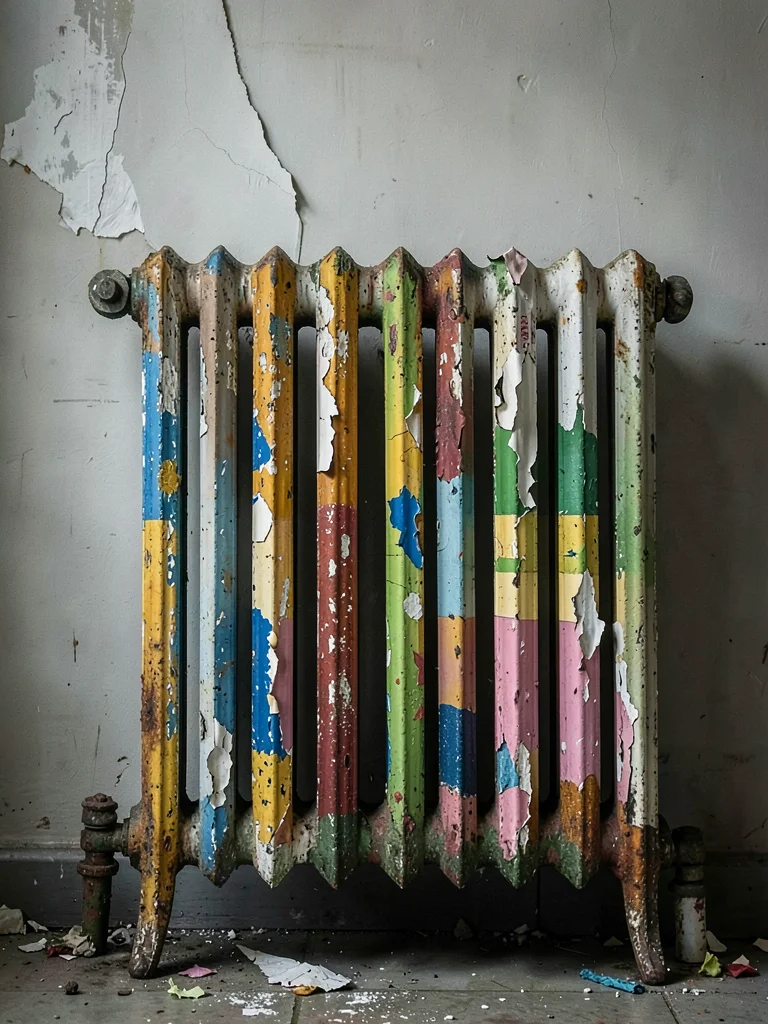 Peeling paint on radiator showing layers of color history
