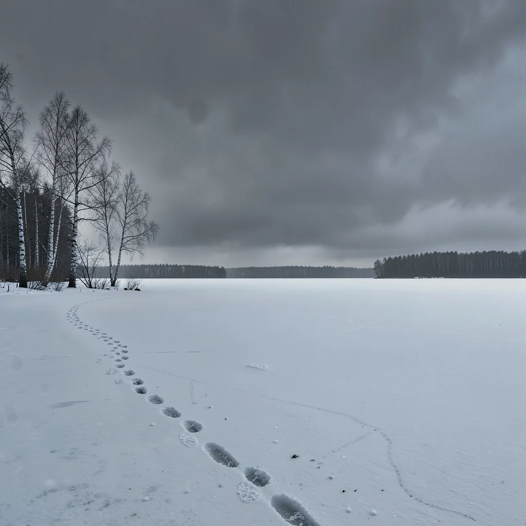 Stark Baltic minimalism, contemplative mood, Frozen lake stretching to horizon u