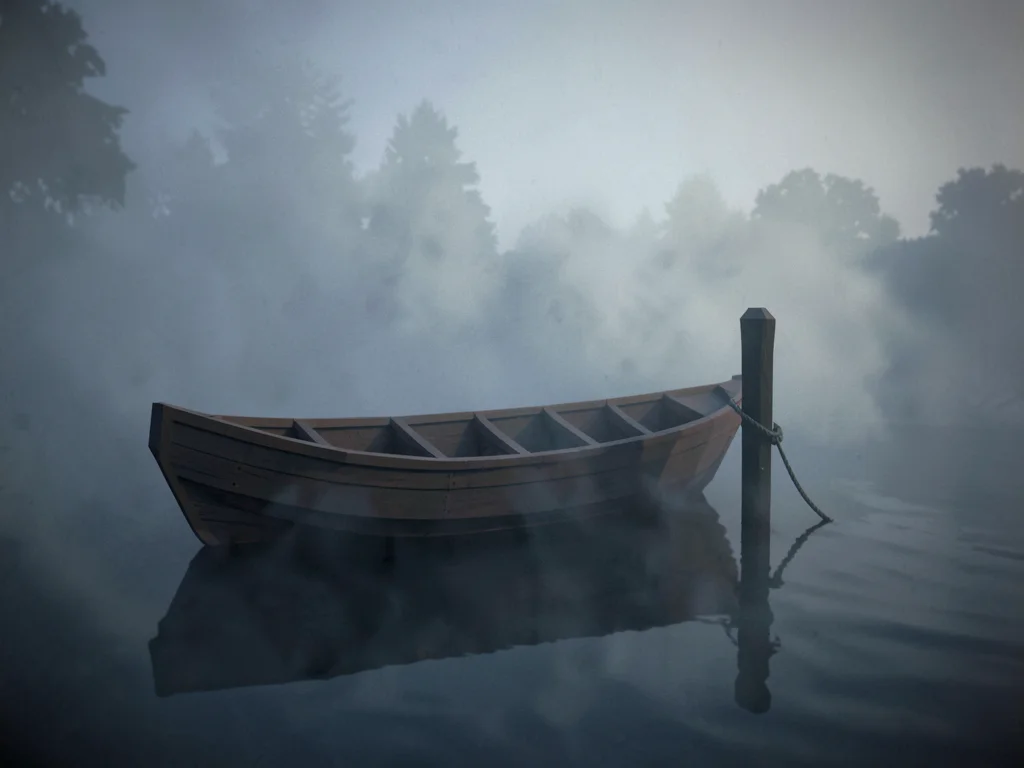 A faceted wooden rowboat tied to a single dock post slowly being swallowed by gr