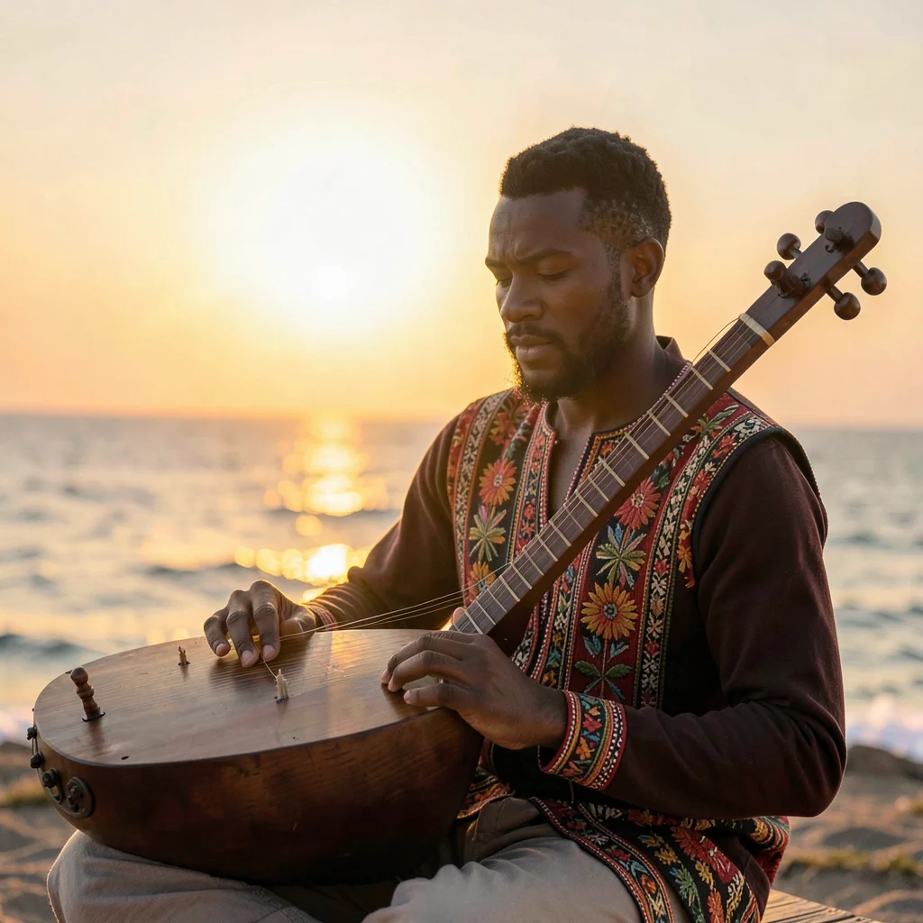 Peachy golden Dakar sunset light through sea haze, Griot musician with kora, fin