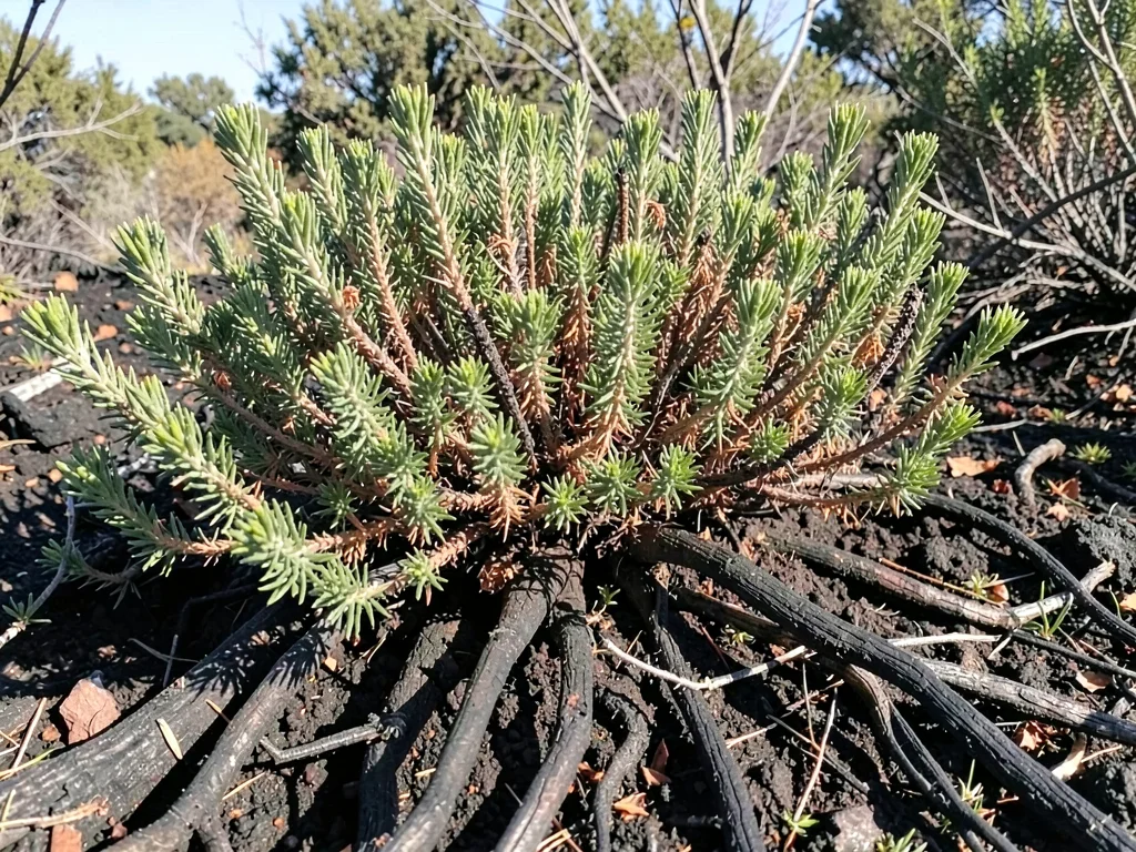 Mediterranean herbs resprouting from charred roots