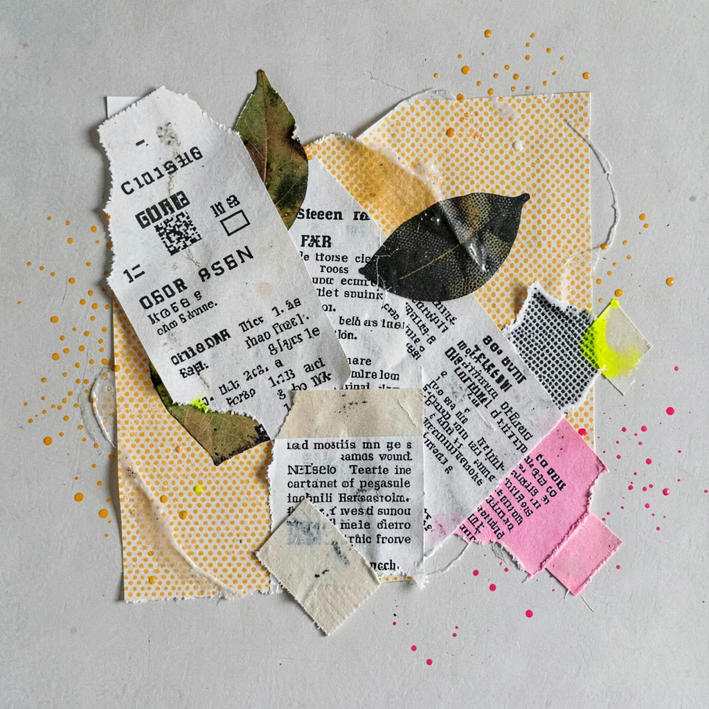 Torn-paper collage of overlapping receipt silhouettes drifting like leaves, half