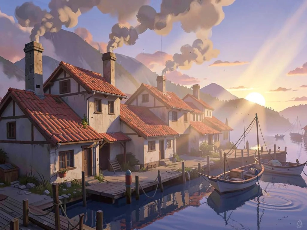 Sleepy fishing village dawn with sun shafts through chimney smoke, warm coral on