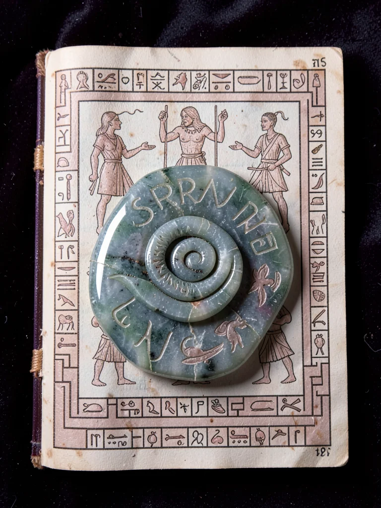 Serpentine jade ornament on dark velvet, studio light picking up carved coil det