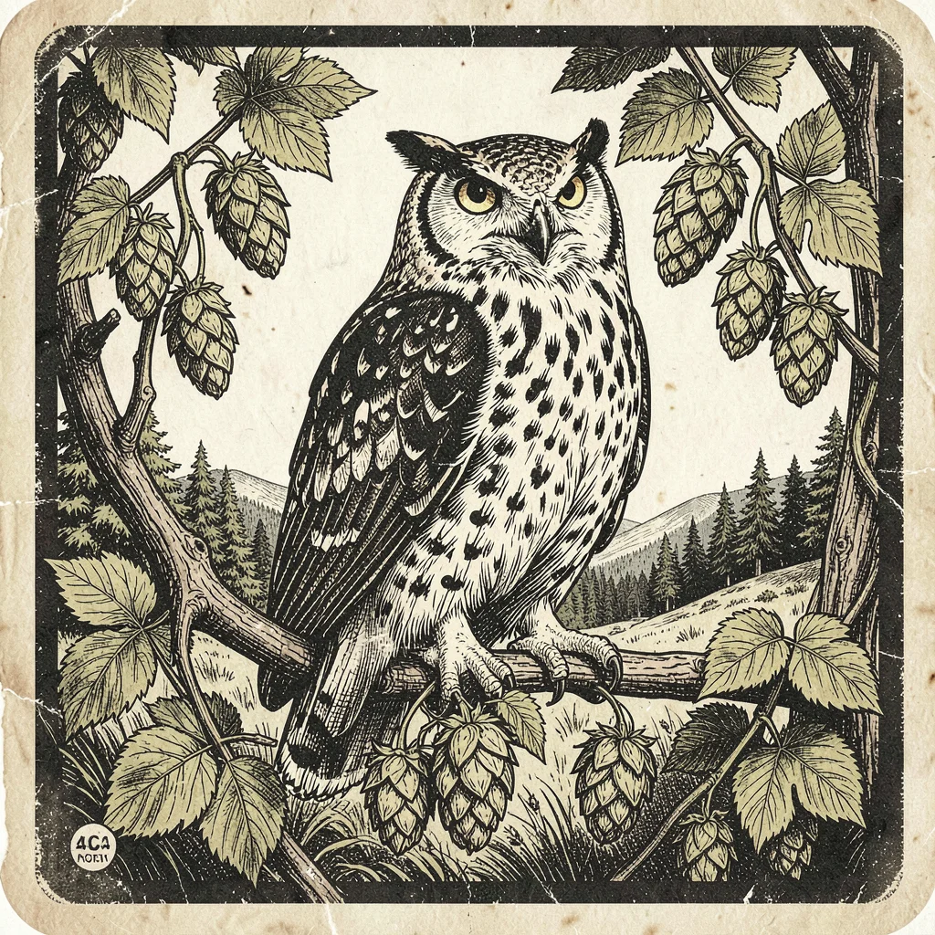 Craft beer label illustration, Great horned owl perched on hop vine , brewery la