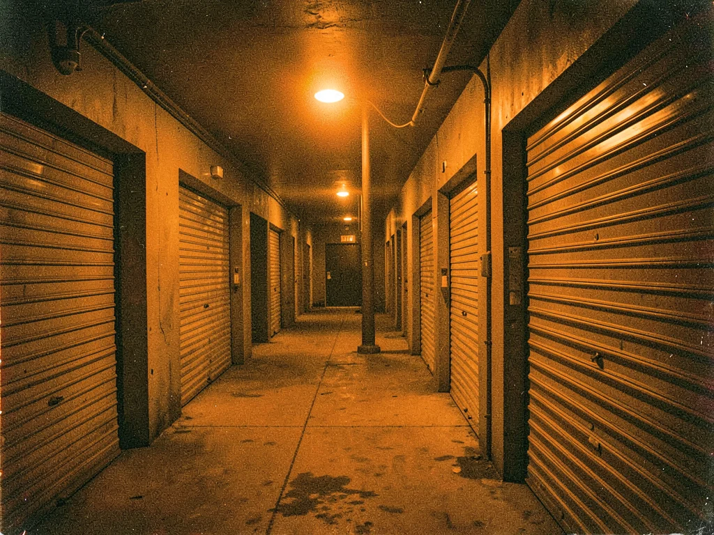 Storage facility corridor, orange-lit roll-up doors, self-storage nocturne