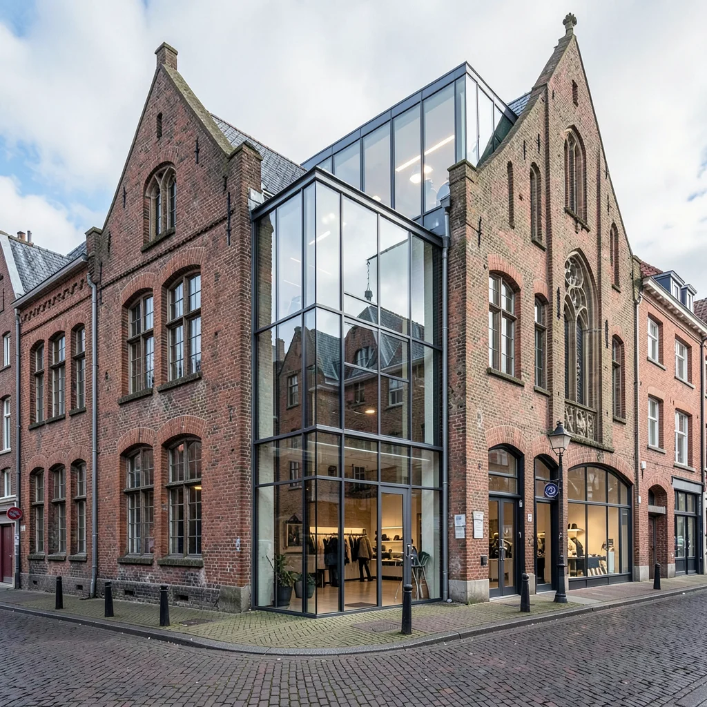 Medieval-modern temporal collision, Ghent layers, Steel and glass extension on b