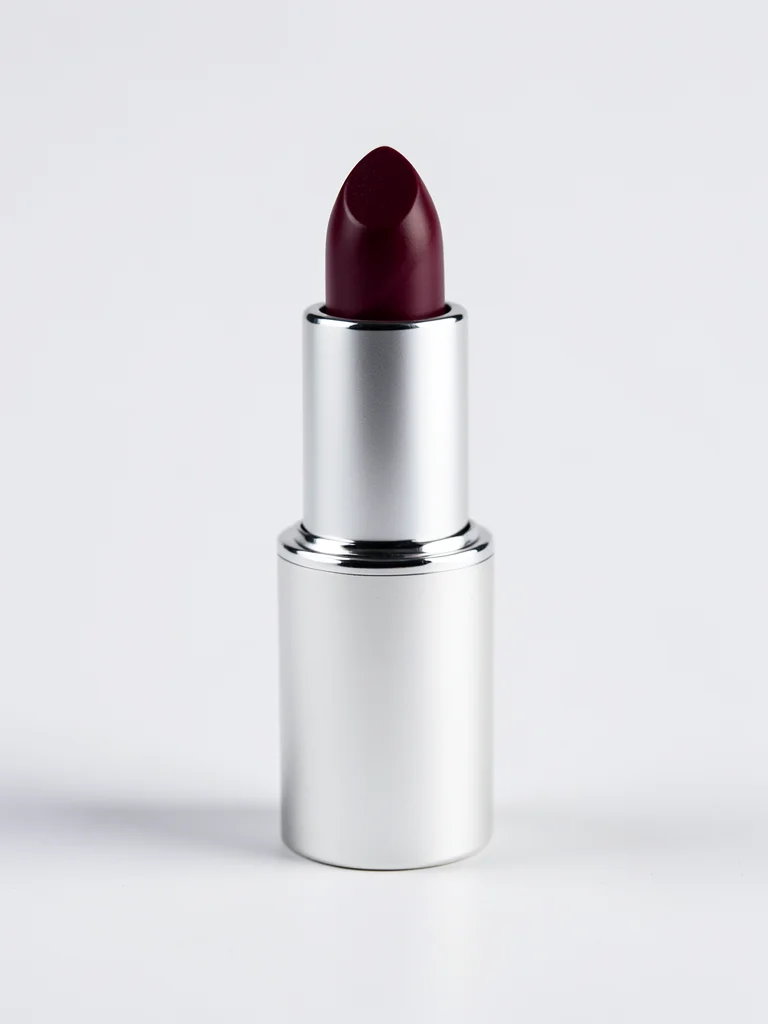 A tube of lipstick, cap off, the bullet twisted up showing a deep berry color, t