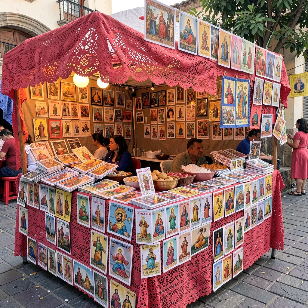 A Mexican mercado booth with every inch covered in papel picado, saints, loteria