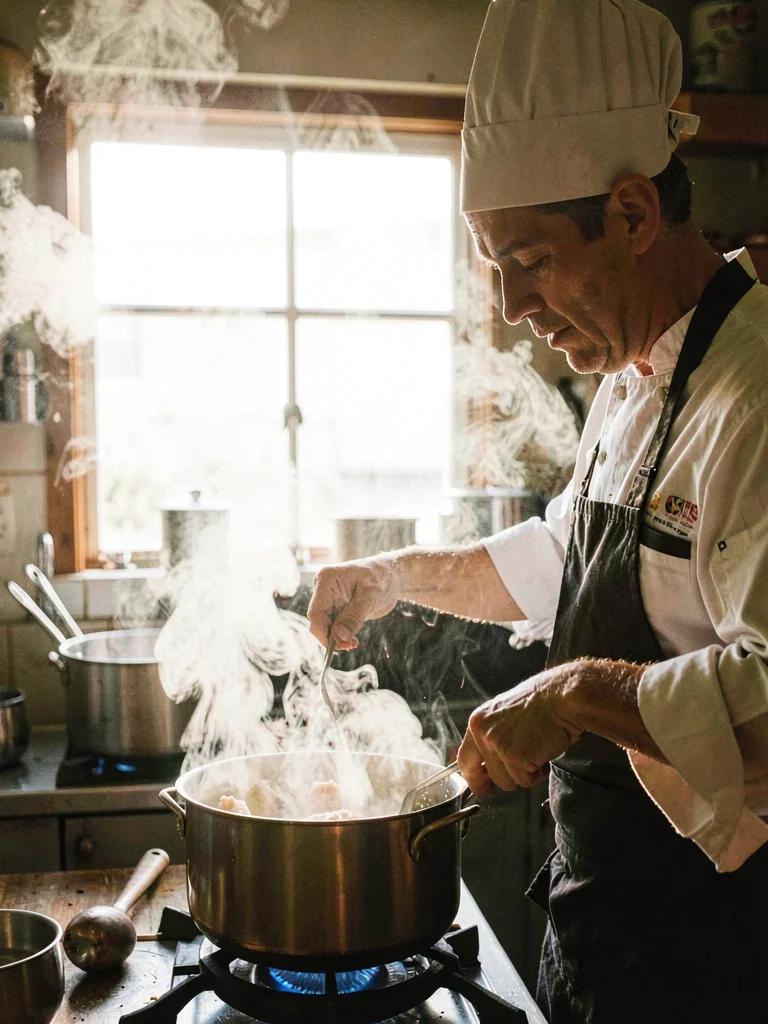 Chef over steaming pot backlit by kitchen window, steam creating aureole