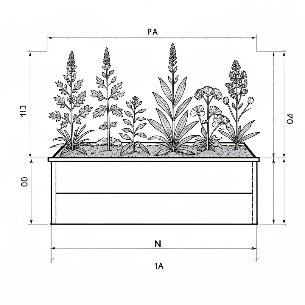 Blueprint elevation of a raised herb bed with dimensions, fine compass marks