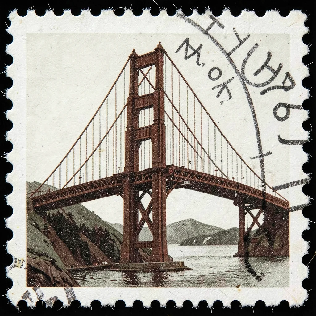 Postage stamp illustration, Golden Gate Bridge silhouette , tiny perfect composi