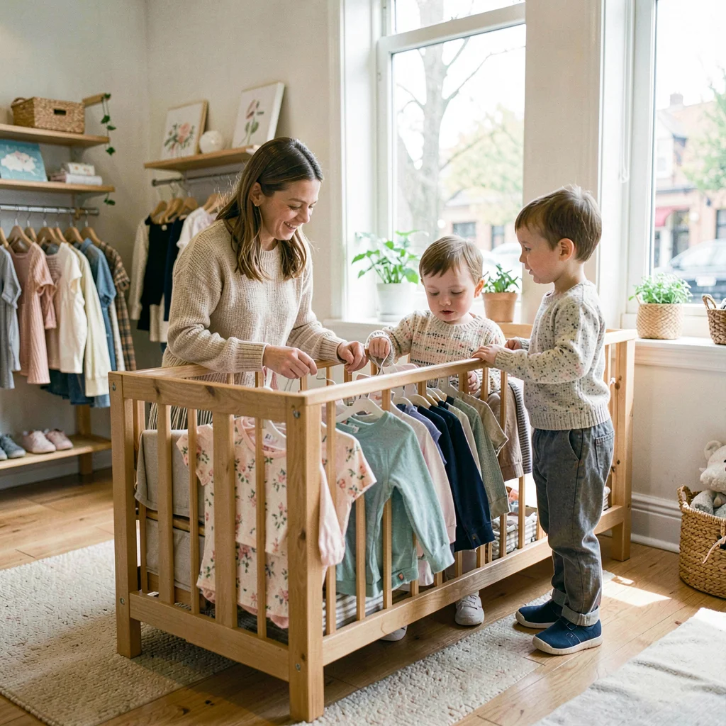 Wide lifestyle of a small family browsing a wooden rail of baby clothes, calm bo