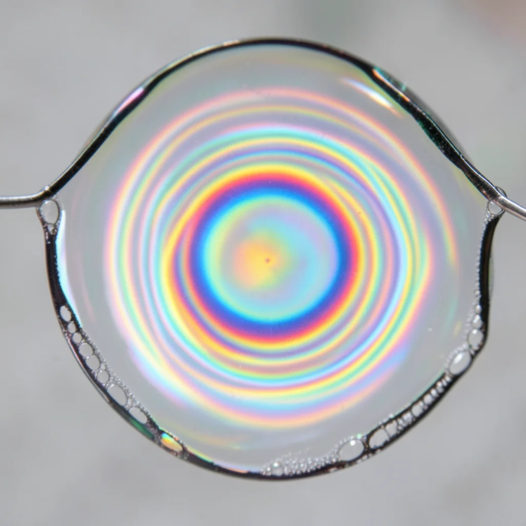 Soap bubble extreme macro showing Newton's rings interference pattern, concentri