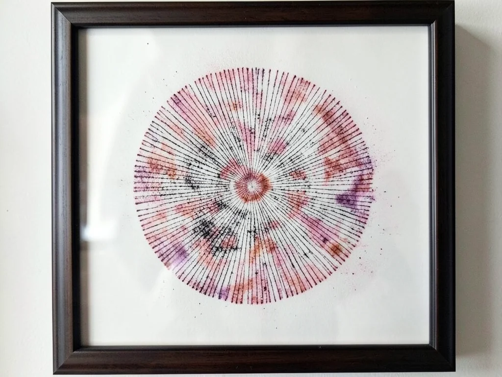 Spore print preserved with fixative spray, permanent artwork under glass, framed