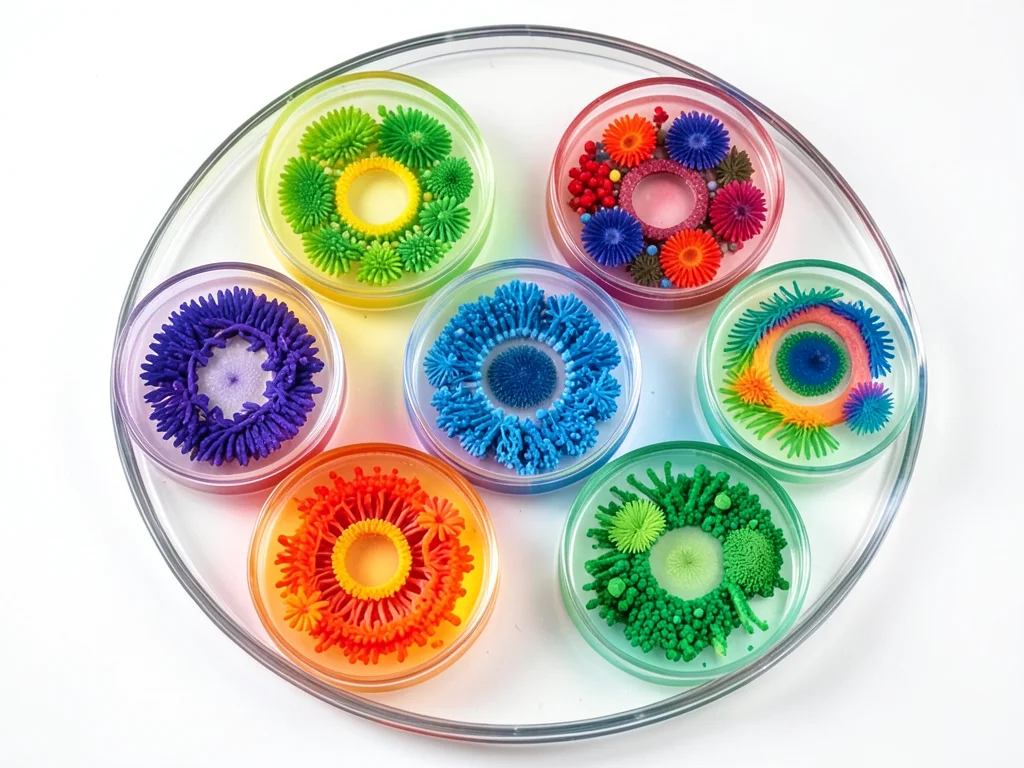 Petri dishes arranged in rainbow, each with different colored microbial culture
