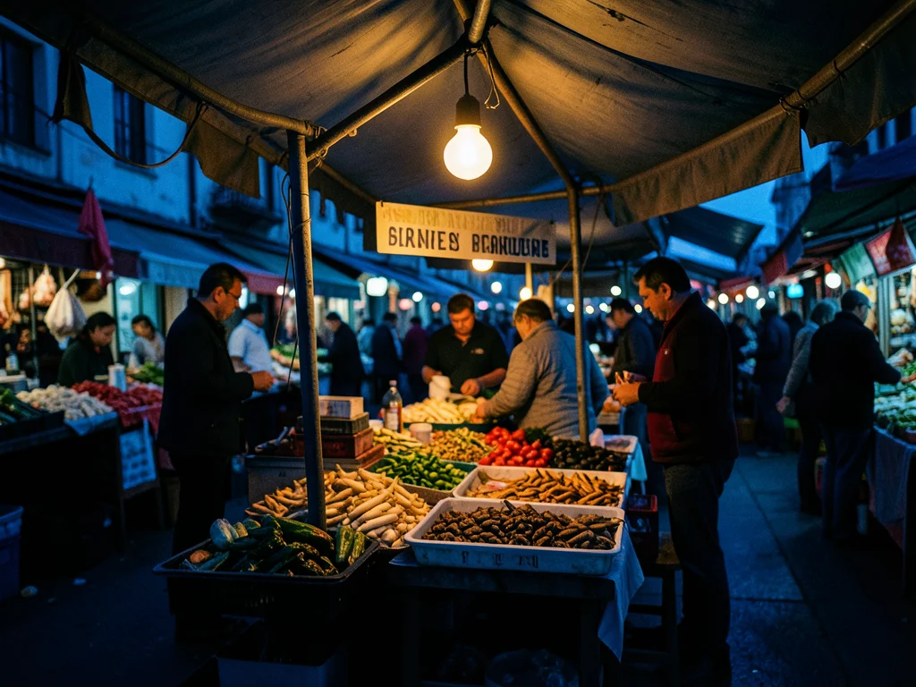 A market stall at closing time, the warm overhead bulb still on, the empty marke