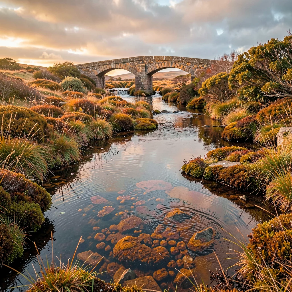 Connemara bog light, Atlantic silver, Stone bridge over peaty stream, water the 