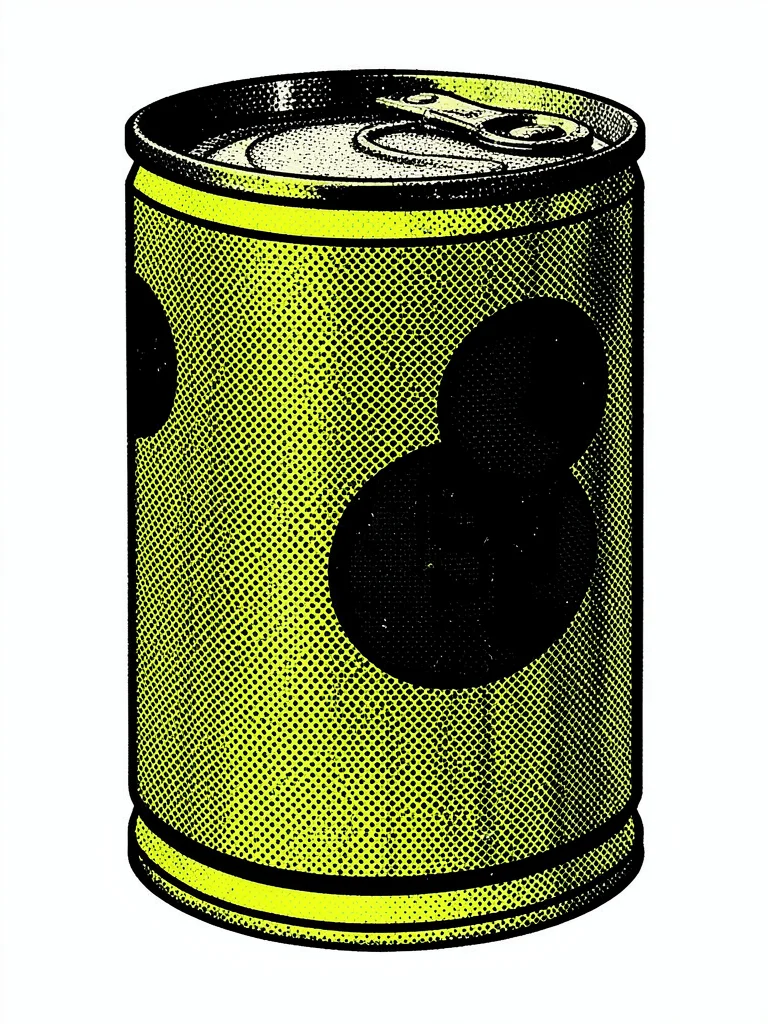 Classic soup can product shot, massive halftone dots visible across the surface
