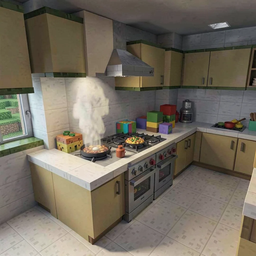 Voxel 3D illustration, voxel kitchen with cooking food , cubic voxel constructio