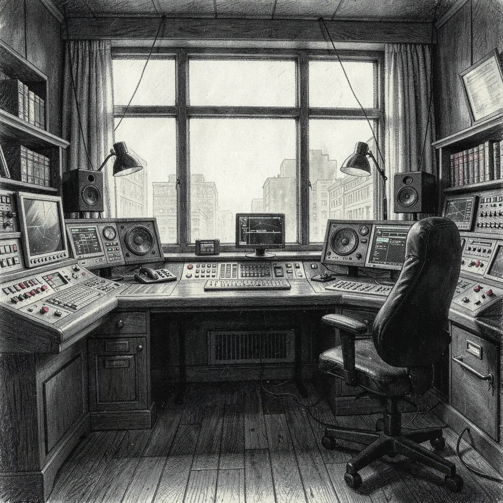 Editorial charcoal of a control room window into a narration booth, deep blacks 