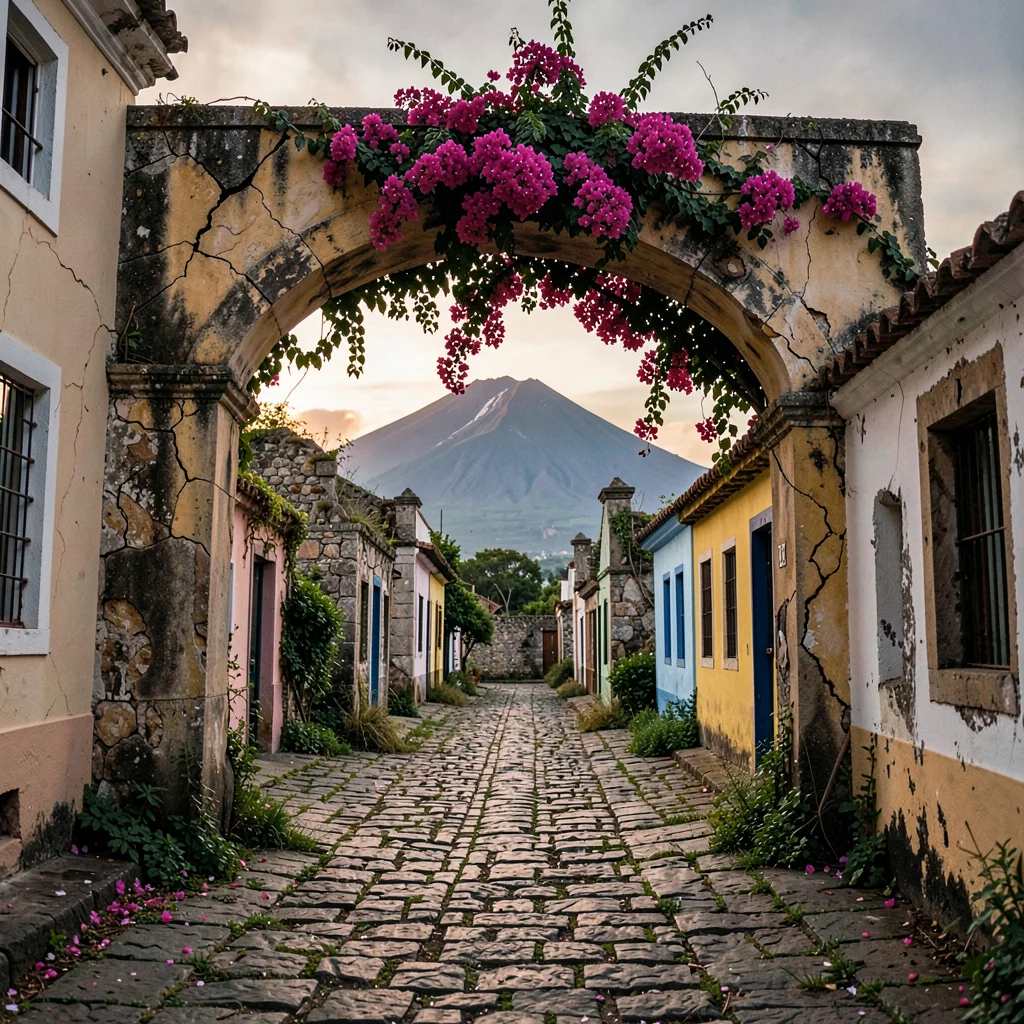 Volcano-framed colonial streets of Antigua Guatemala, A cracked stucco archway w