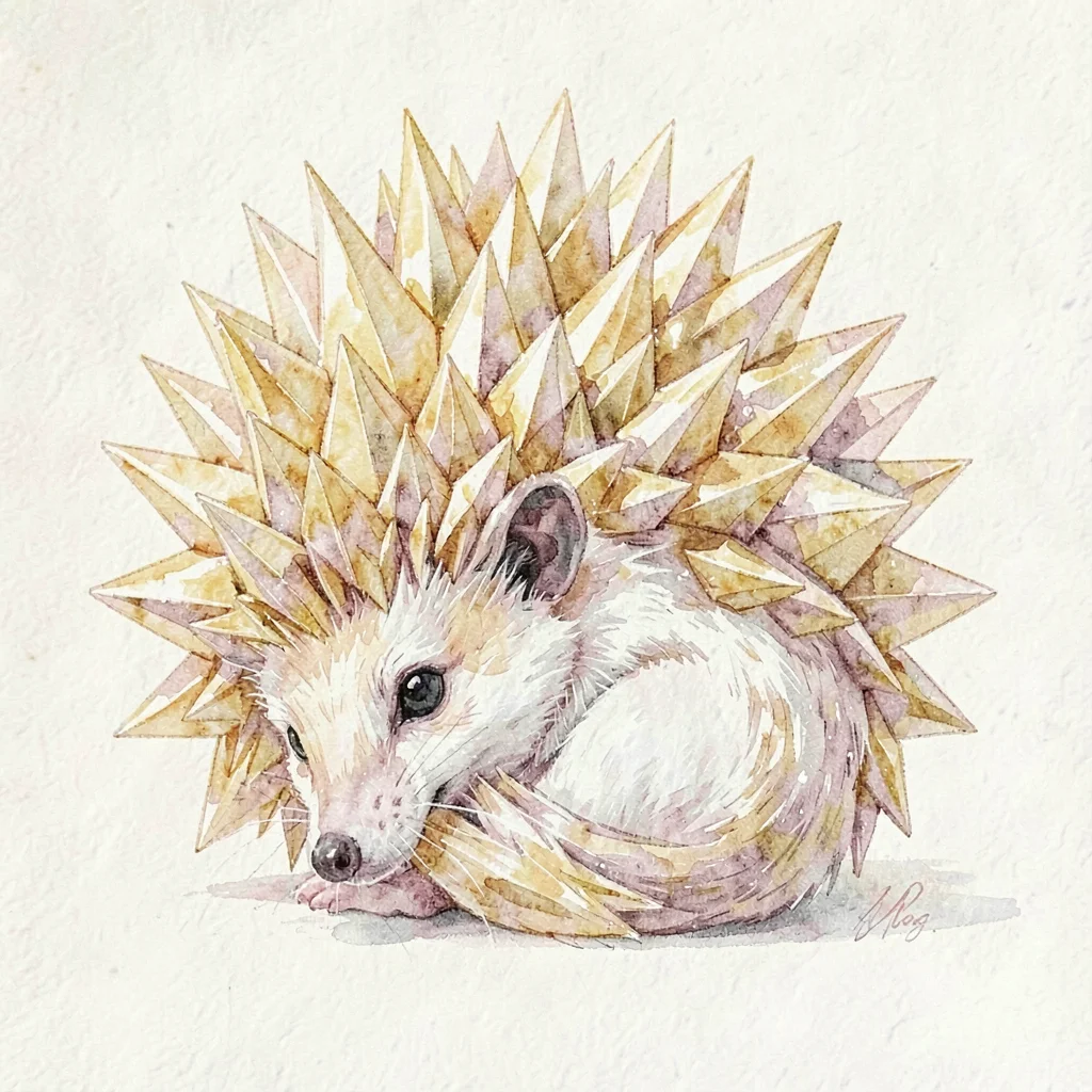 Compact citrine lowpoly hedgehog curled into a faceted ball, golden spines reduc