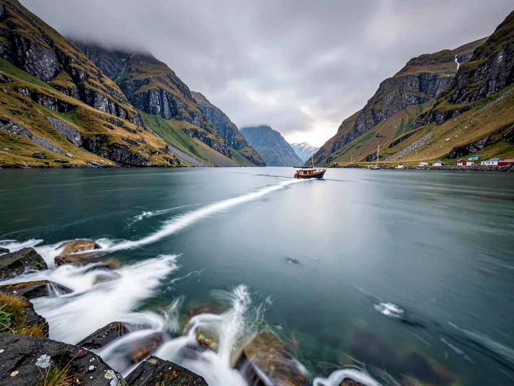 Fjord waters with boat wake dissolved into nothing