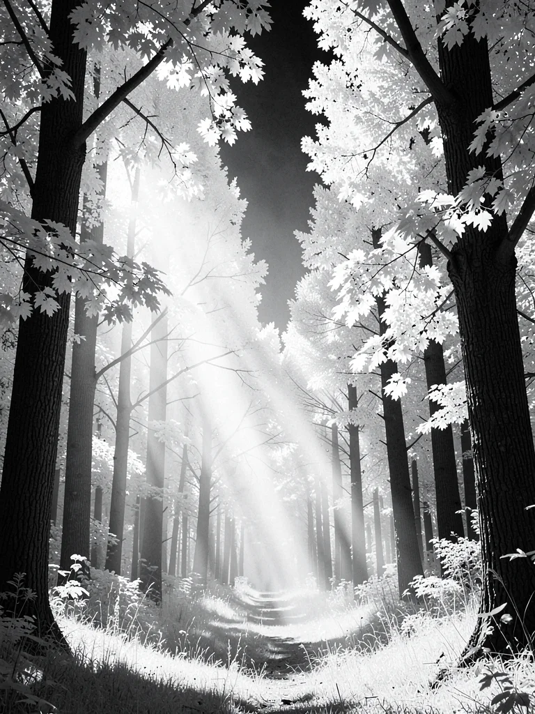 A forest interior — shafts of white-lit foliage glowing between dark tree trunks