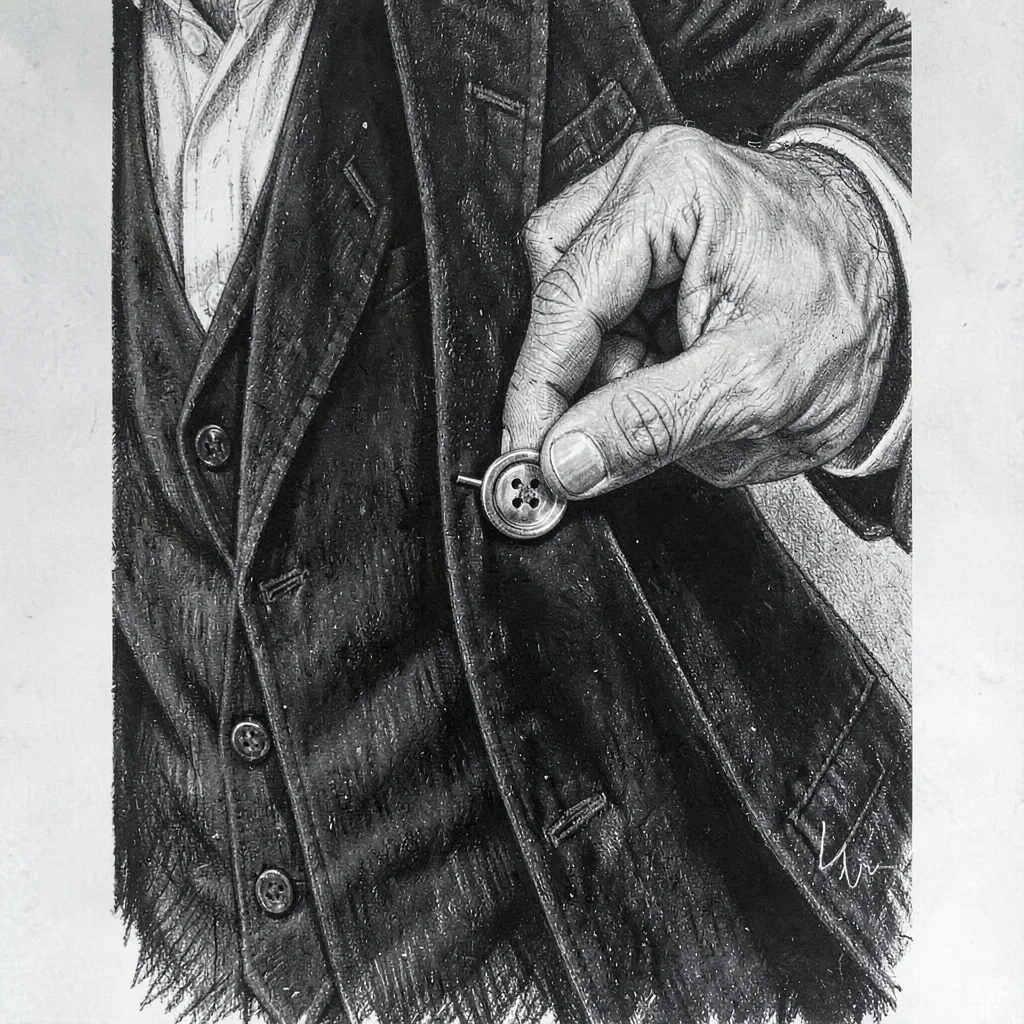 Vertical charcoal of a tailor's hand pinning a button to a lapel, deep velvet da