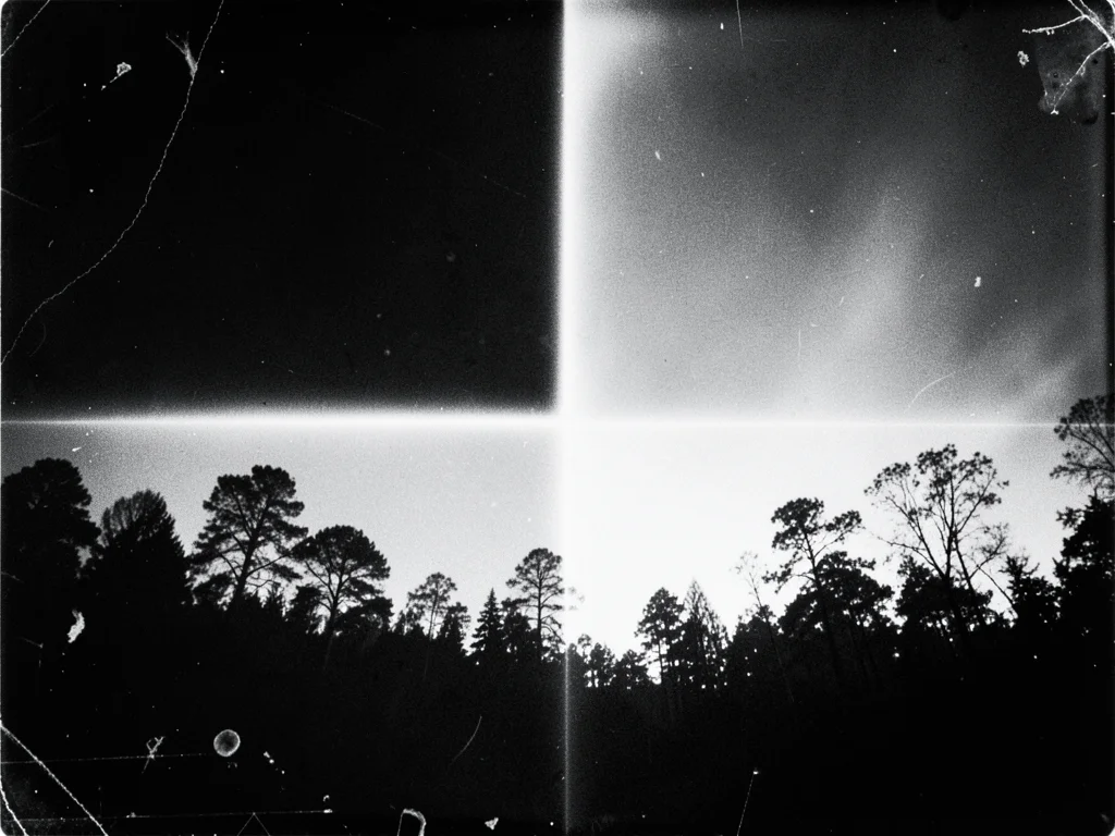 A solarized landscape: trees and sky with reversed tones at the boundary, the Ma
