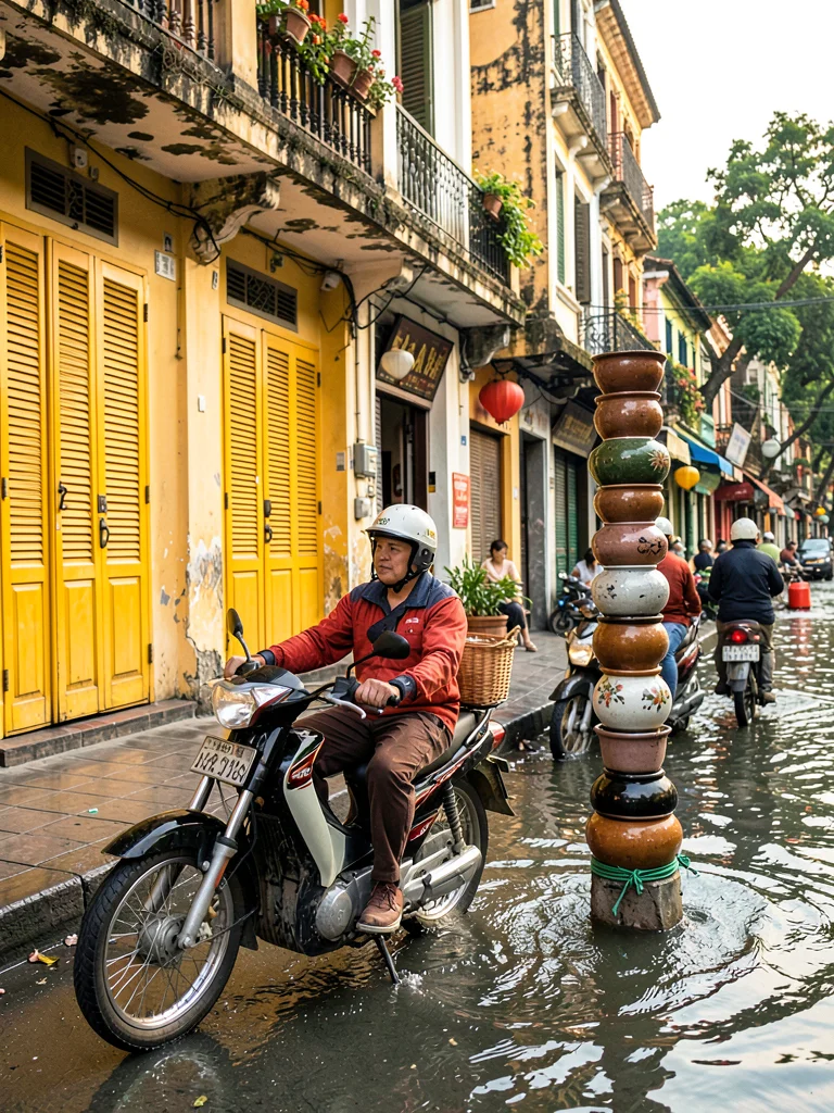 Ceramic pot tower balanced on motorbike