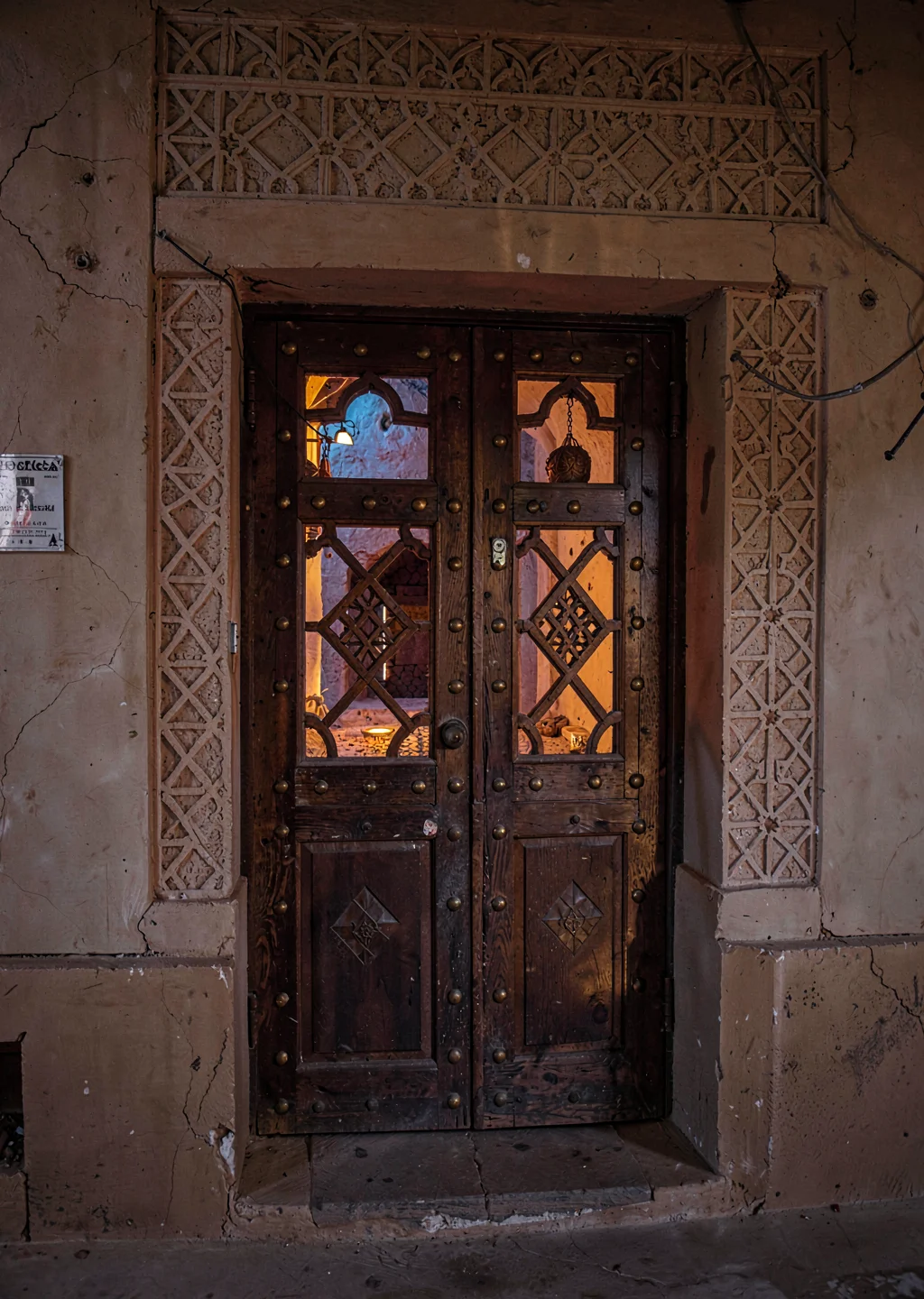 Colored light through qamariya windows in Sana'a, Yemen, ornate wooden door with