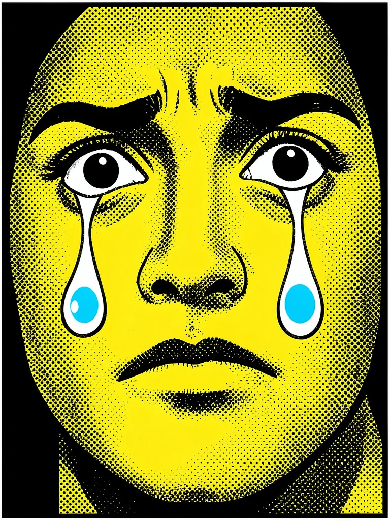 Close-up crying face — flat yellow skin, halftone shadow dots, single oversized 
