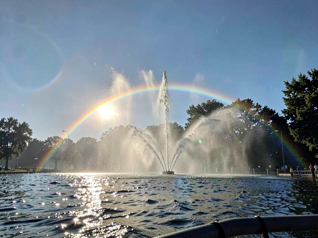 Fountain spray backlit rainbow visible
