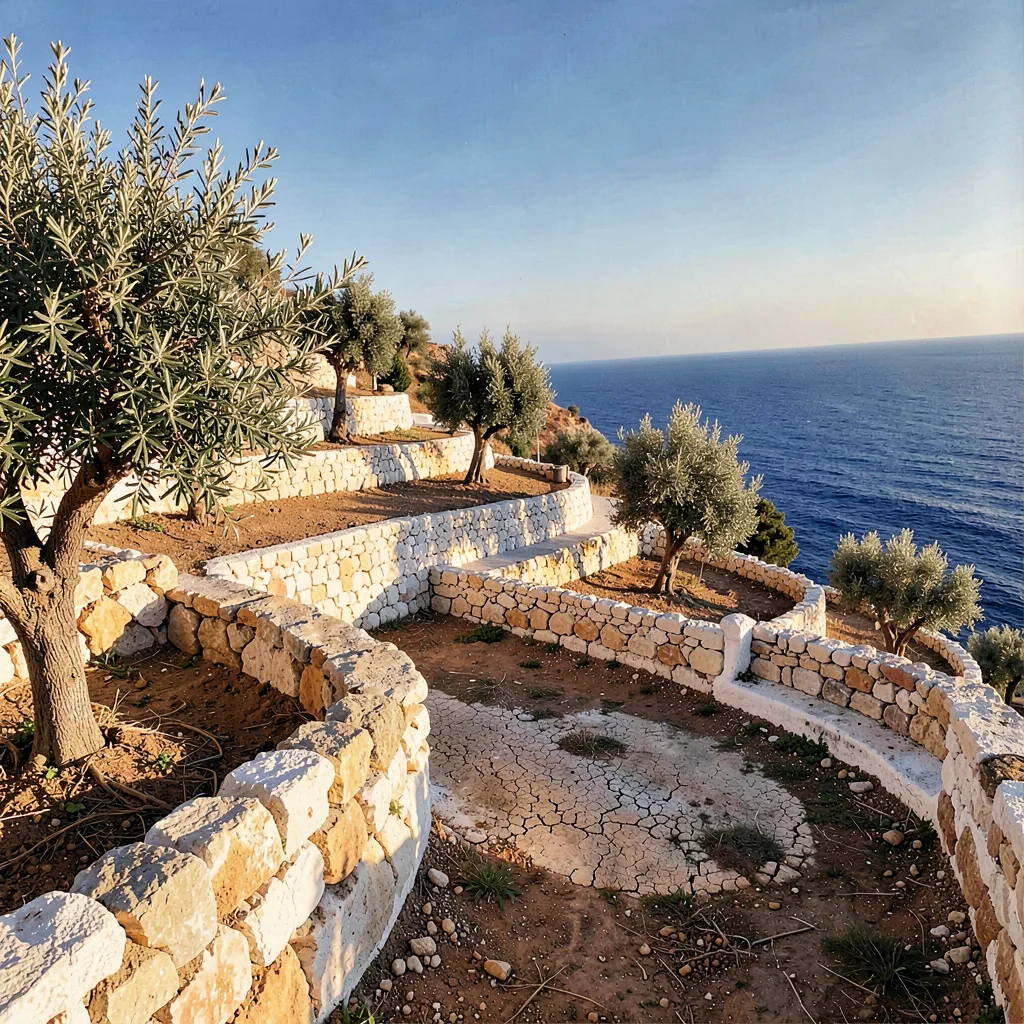 Mediterranean summer photograph, August dry heat, Olive trees on a terraced hill