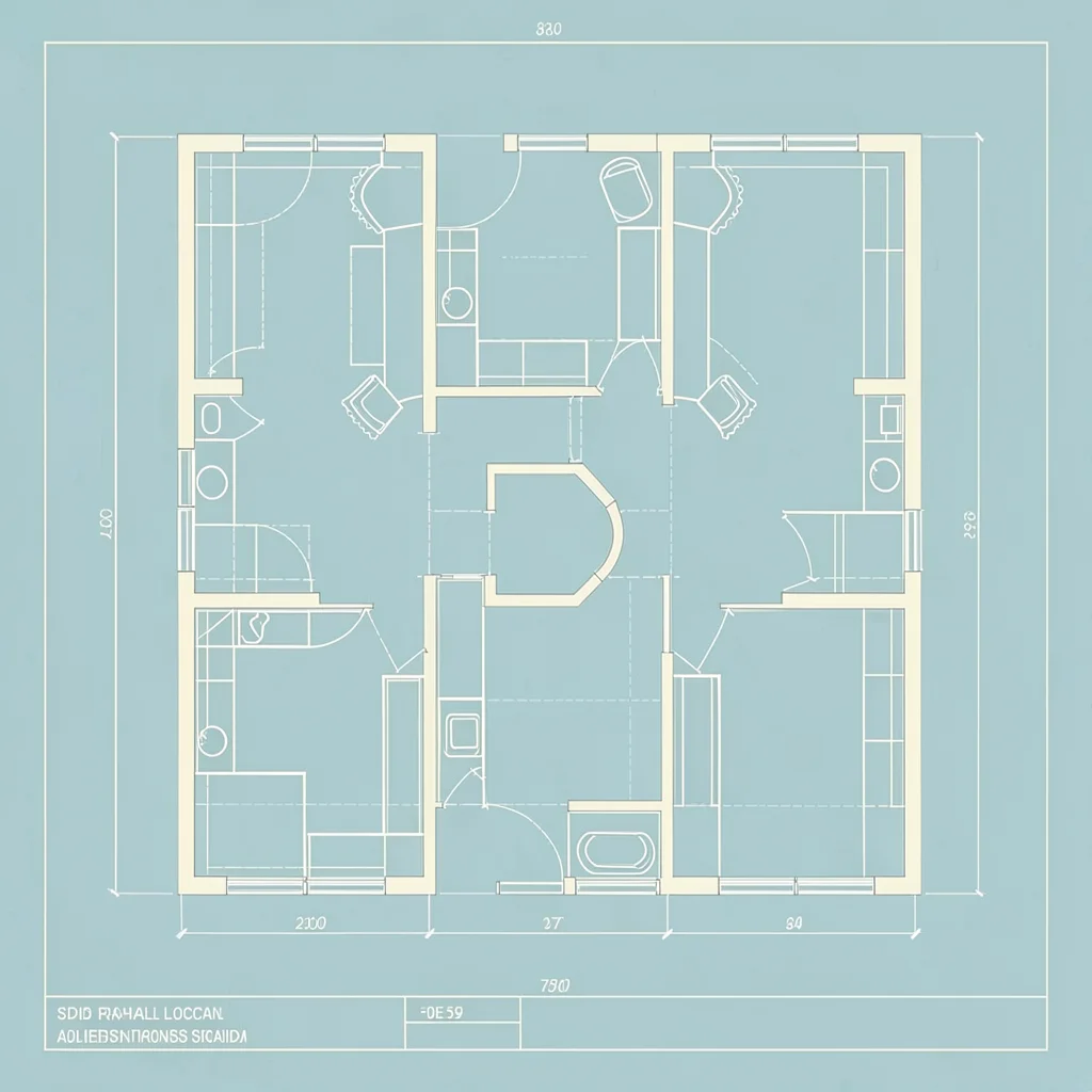 floor plan of a side-hall colonial with twin parlors and central hall, blueprint