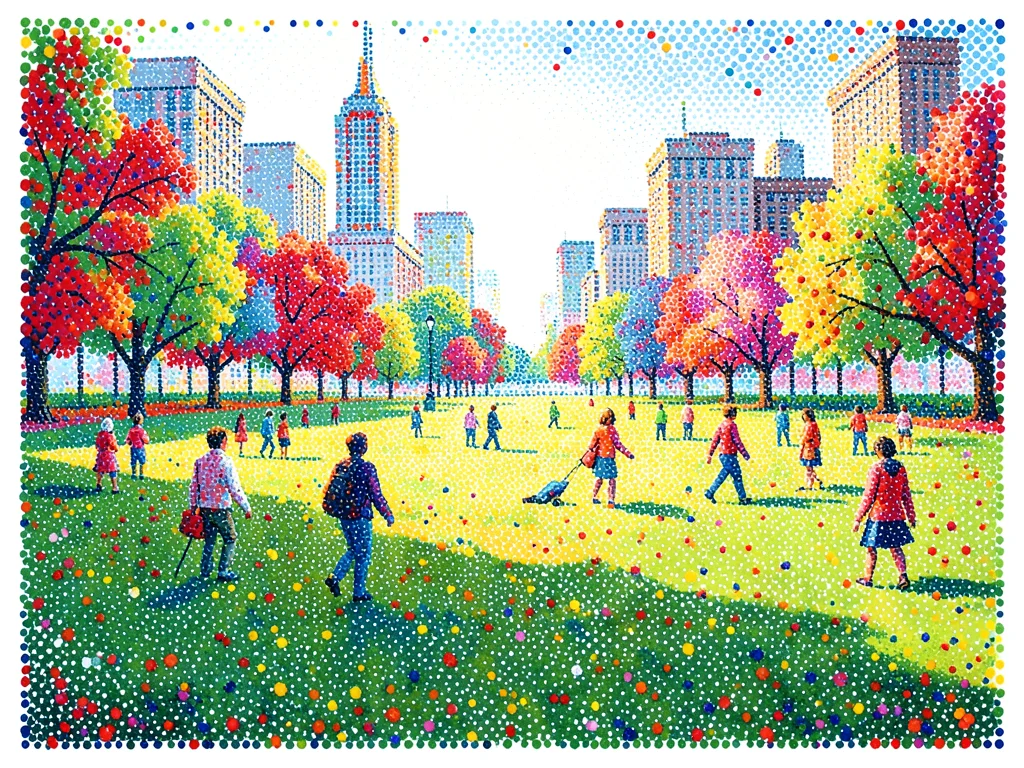 Sunday afternoon in a city park — figures scattered across grass, each built fro
