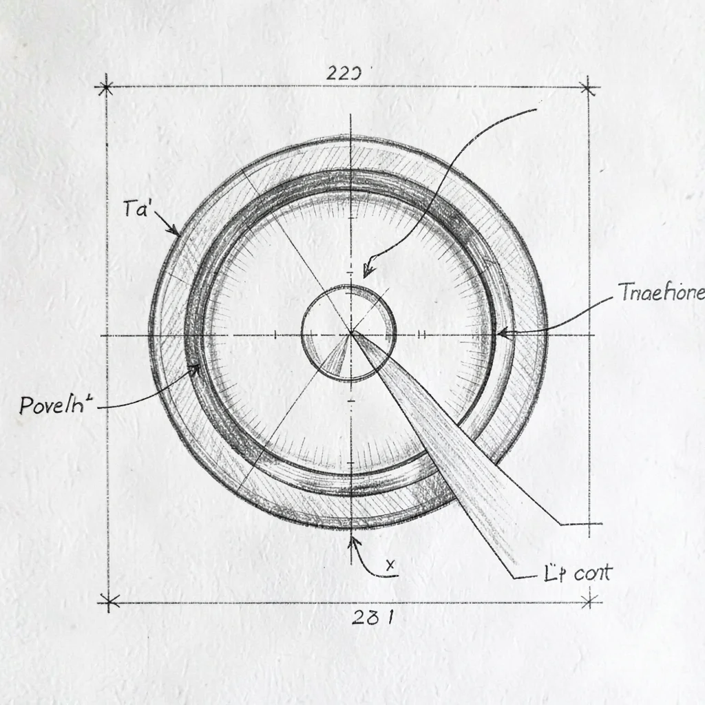 Blueprint diagram of light refracting through a lens, gentle ink linework, soft 