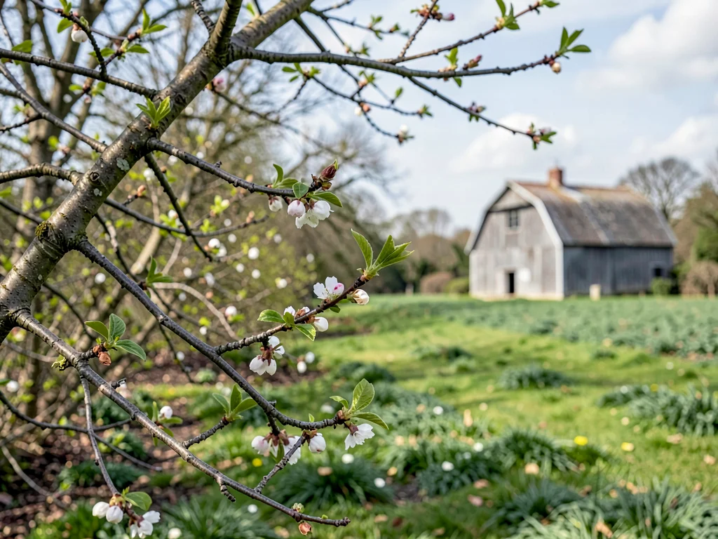 Orchard from near branch to distant barn