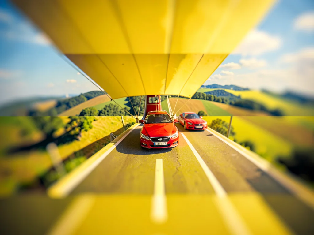 Interchange tilt-shift photograph from a hot-air balloon, saturated lemon dashed
