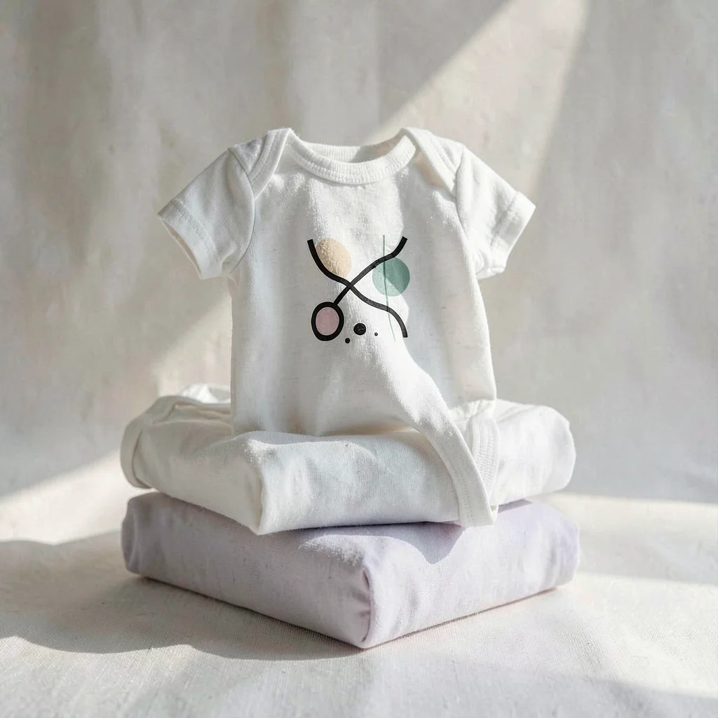 A trio of abstract baby-onesie mockups stacked in staggered depth on a soft canv